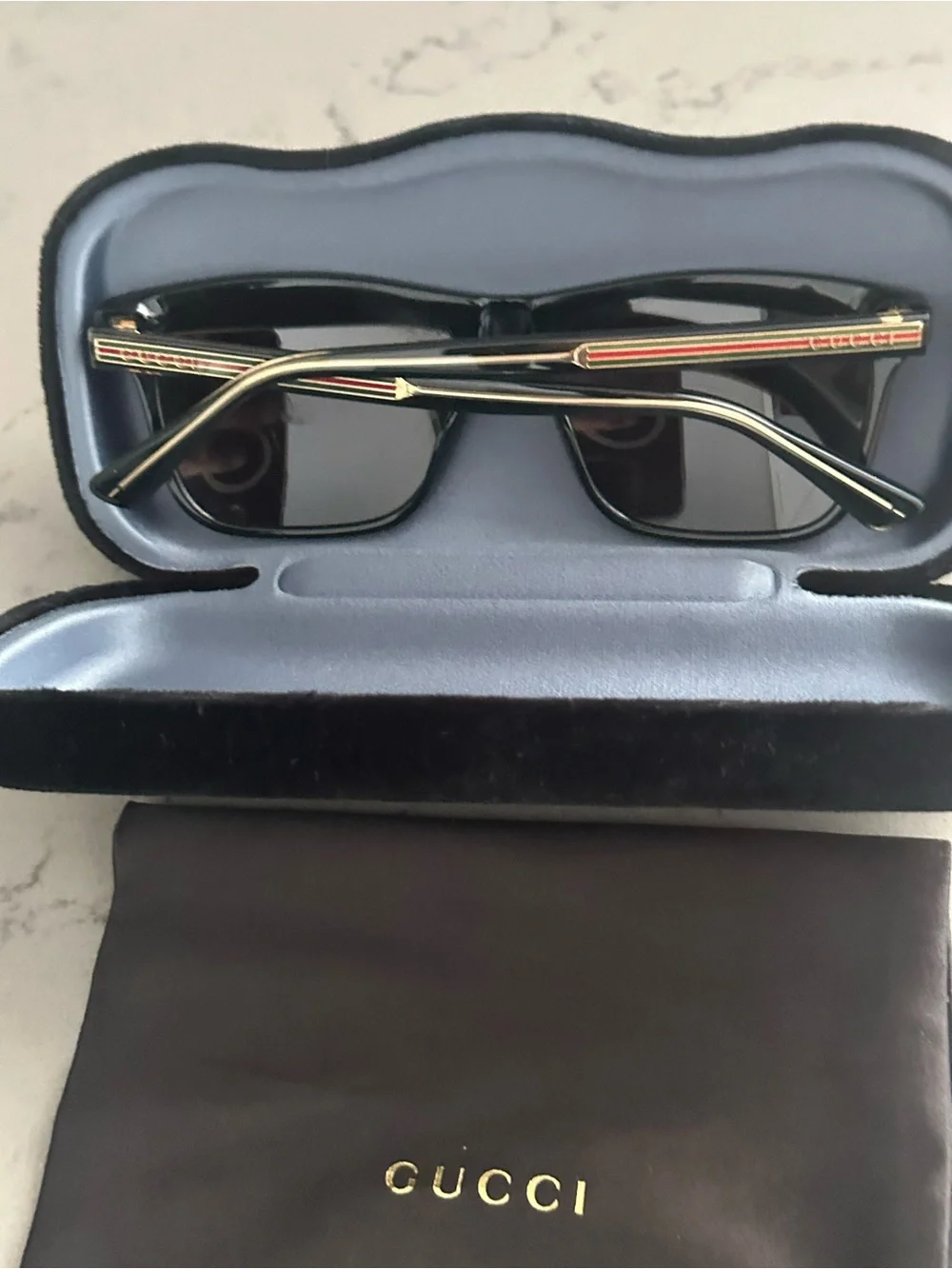 Gucci Men’s Black Sunglasses with Gold and Red-Green Stripe Accents